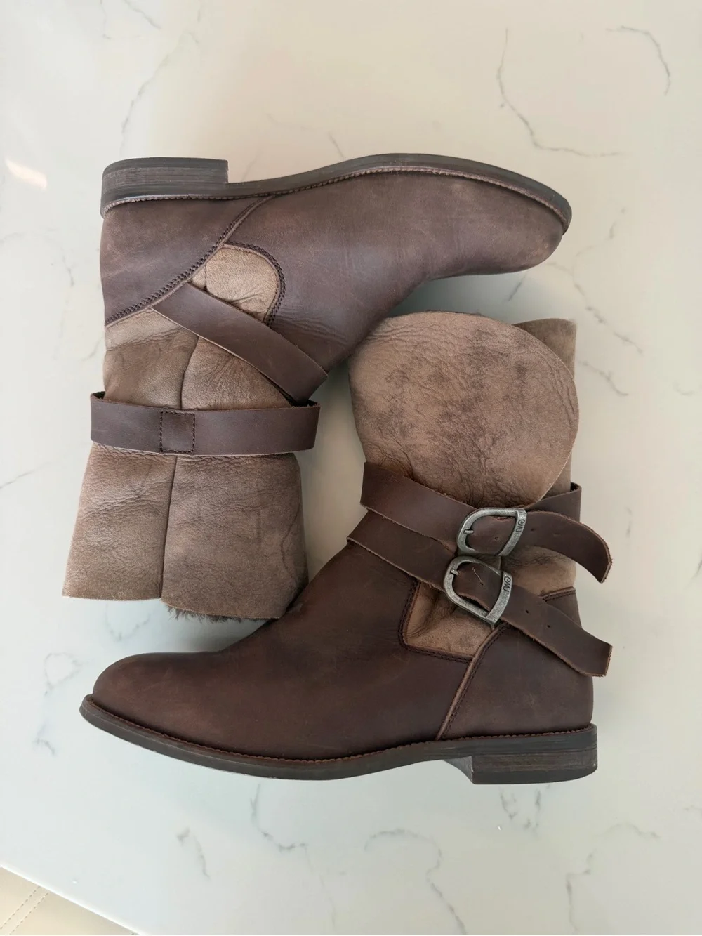 Emu Brown Shearling Cuff Buckle Ankle Boots